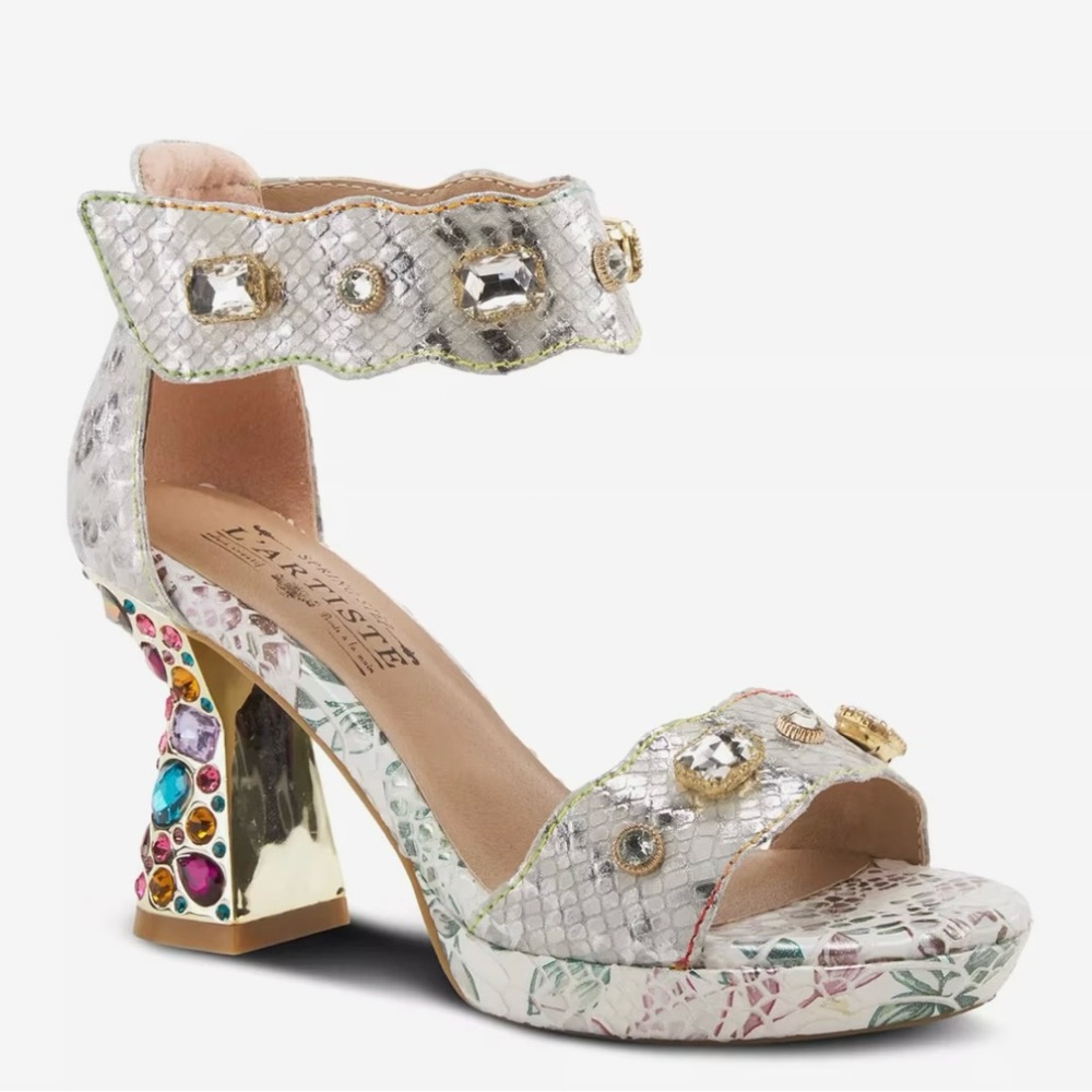 - Gold and Silver Statement Heels with Crystal Embellishments